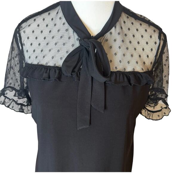 Black Mesh Sheer Polka Dot Blouse Womens Medium Tie Neck Ruffle Sleeve Top - Picture 4 of 6
